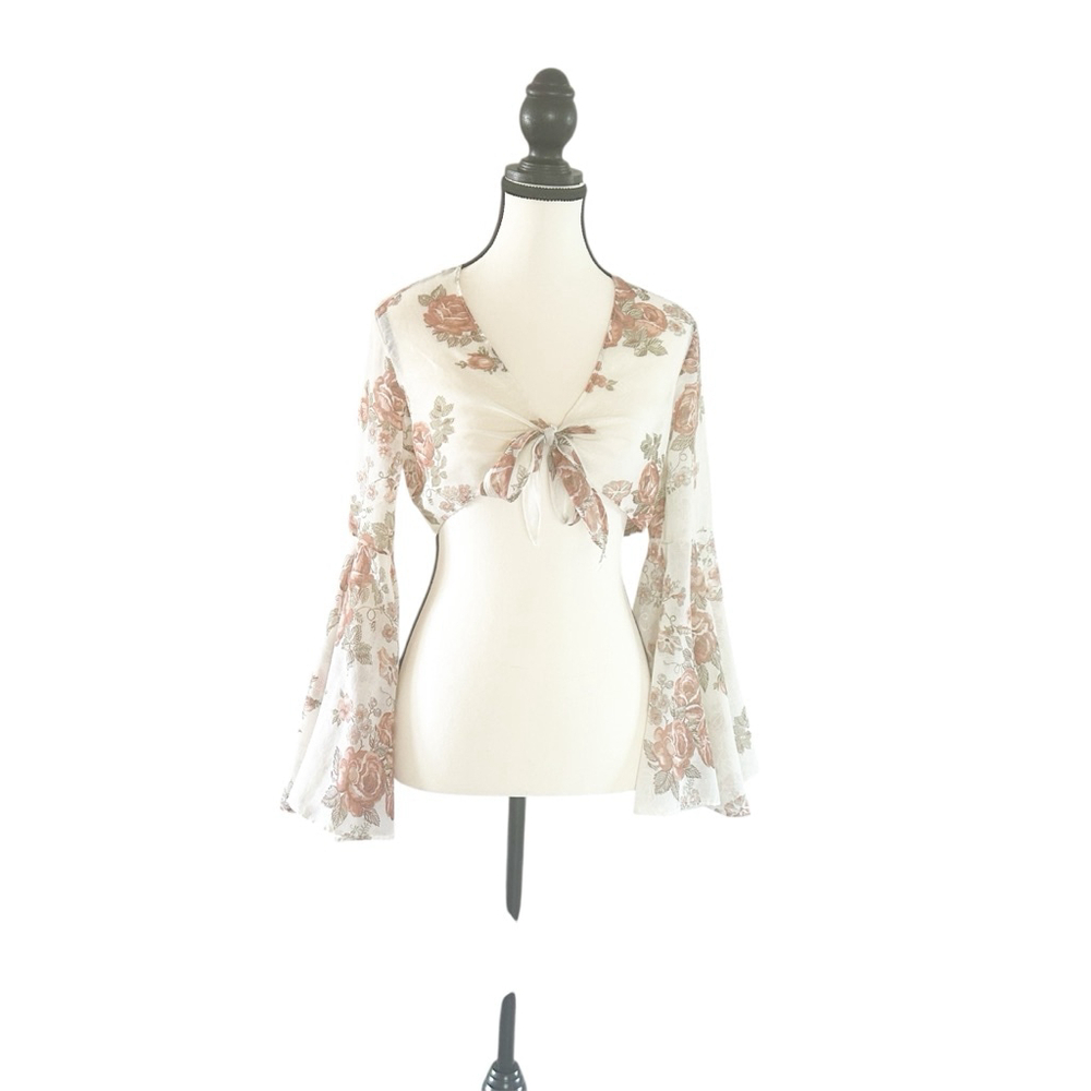 Vintage 60’s Floral Bell Sleeve Tie Up Crop Top Lightweight Feminine Girl Era